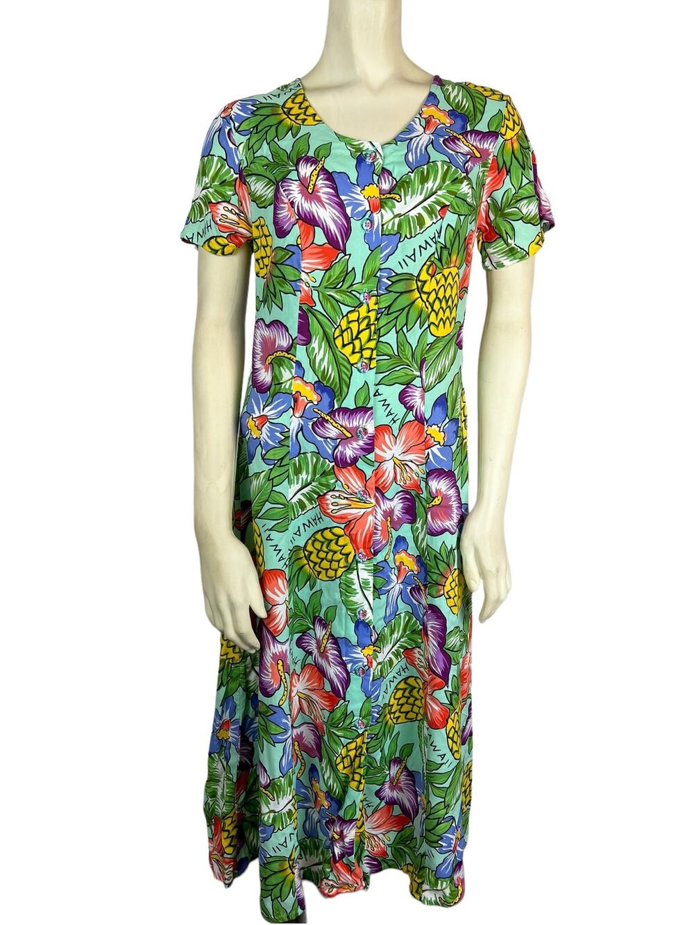 Vintage Hilo Hattie floral print Hawaiian dress rayon tourist tropical S Small